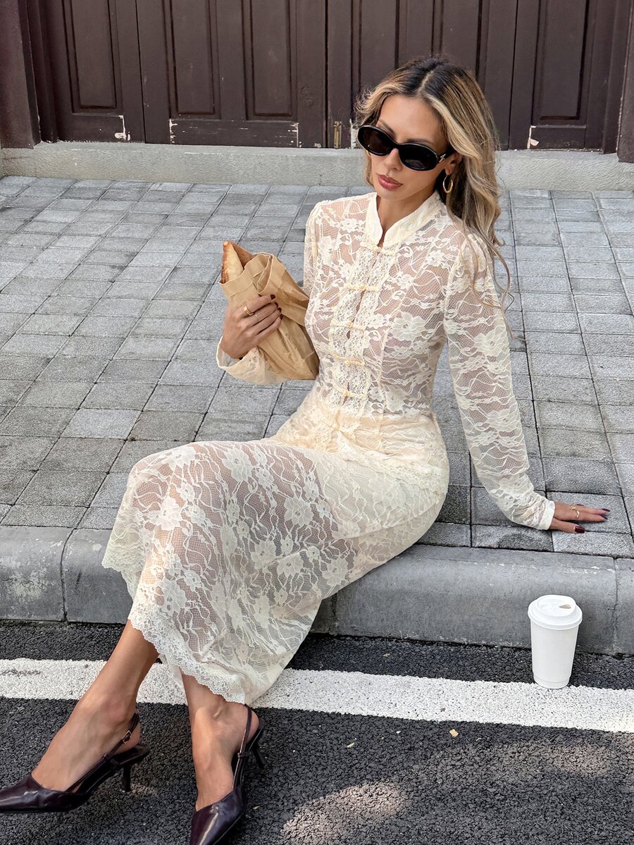 Serisse Women's Solid Lace Mandarin Collar Frog Button Long Sleeve Top & Bodycon Skirt Set Elegant New Chinese Style Outfits For Wedding Guest Work - Apricot - View 1
