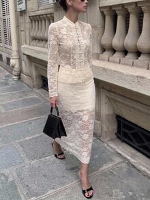 Serisse Women's Solid Lace Mandarin Collar Frog Button Long Sleeve Top & Bodycon Skirt Set Elegant New Chinese Style Outfits For Wedding Guest Work - Apricot - View 5