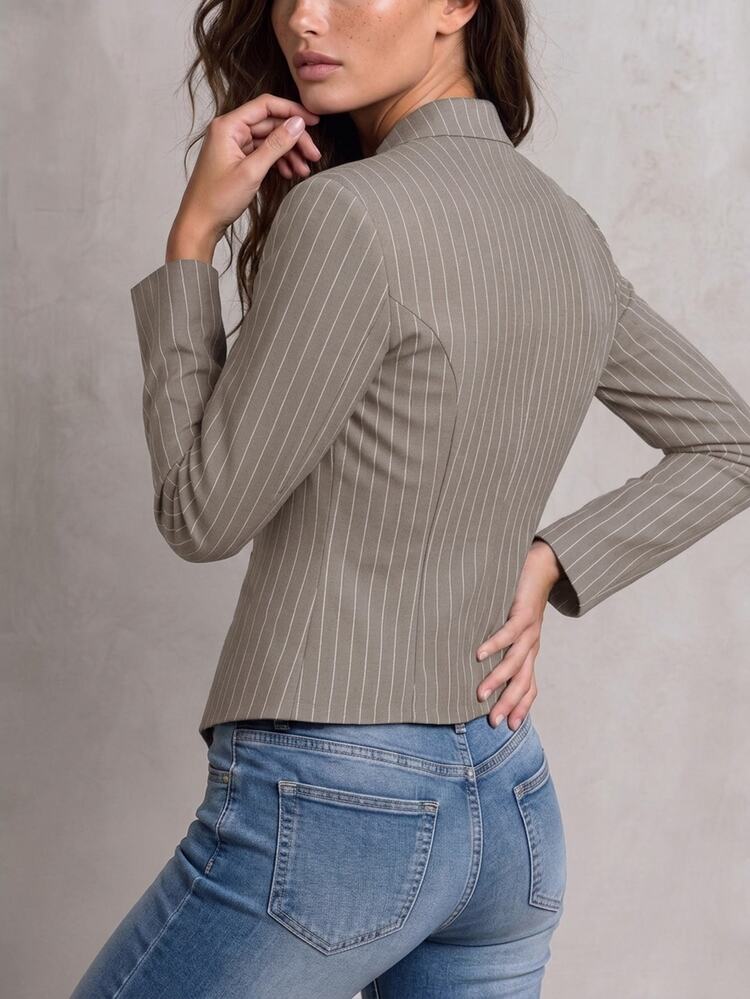 Solivie Women's Striped Casual 70s Retro Elegant Versatile Daily Long Sleeve Jacket Office Everyday Khaki Autumn - Mocha Brown - View 11