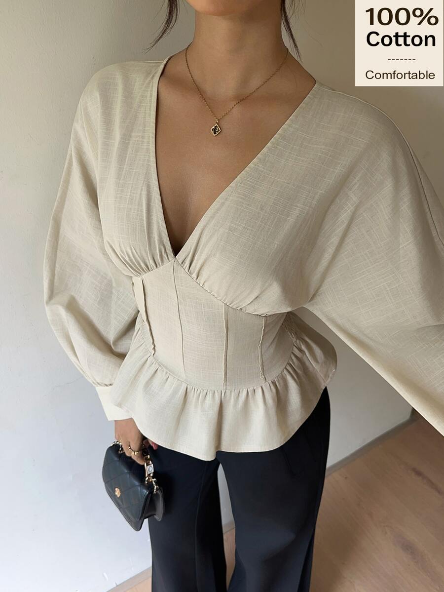 Siren Gaze Women's Solid Color V-Neck Batwing Long Sleeve Cinched Waist Ruffle Hem Fashion Blouse - Apricot - View 1