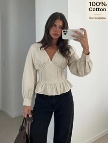Siren Gaze Women's Solid Color V-Neck Batwing Long Sleeve Cinched Waist Ruffle Hem Fashion Blouse - Apricot - View 10