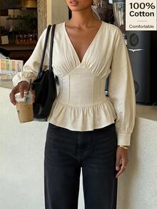 Siren Gaze Women's Solid Color V-Neck Batwing Long Sleeve Cinched Waist Ruffle Hem Fashion Blouse - Apricot - View 13