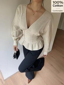 Siren Gaze Women's Solid Color V-Neck Batwing Long Sleeve Cinched Waist Ruffle Hem Fashion Blouse - Apricot - View 3