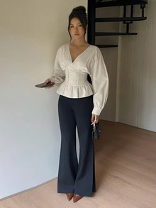 Siren Gaze Women's Solid Color V-Neck Batwing Long Sleeve Cinched Waist Ruffle Hem Fashion Blouse - Apricot - View 5
