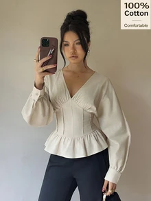 Siren Gaze Women's Solid Color V-Neck Batwing Long Sleeve Cinched Waist Ruffle Hem Fashion Blouse - Apricot - View 4