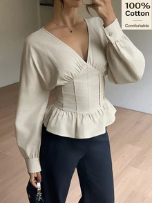 Siren Gaze Women's Solid Color V-Neck Batwing Long Sleeve Cinched Waist Ruffle Hem Fashion Blouse - Apricot - View 6