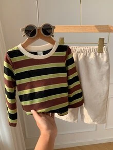 SHEIN 2件組男嬰秋冬彩色條紋圓領長袖套頭上衣與鬆緊腰長褲，條紋套裝，T恤套裝，嬰兒套裝 - 彩色 - 查看 8