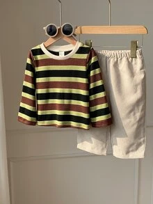 SHEIN 2件組男嬰秋冬彩色條紋圓領長袖套頭上衣與鬆緊腰長褲，條紋套裝，T恤套裝，嬰兒套裝 - 彩色 - 查看 3