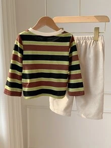 SHEIN 2件組男嬰秋冬彩色條紋圓領長袖套頭上衣與鬆緊腰長褲，條紋套裝，T恤套裝，嬰兒套裝 - 彩色 - 查看 2