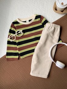 SHEIN 2件組男嬰秋冬彩色條紋圓領長袖套頭上衣與鬆緊腰長褲，條紋套裝，T恤套裝，嬰兒套裝 - 彩色 - 查看 5