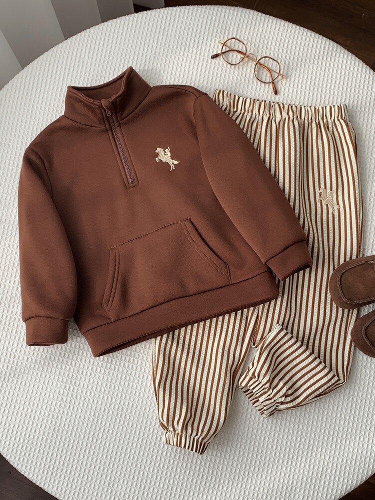 SHEIN 2pcs/Set Kids Young Boy Young Girl Autumn/Winter Stand Collar Long Sleeve Sweatshirt Striped Long Pants Sweatshirt Set Boys Outfit Autumn/Winter Set - Multicolor - View 5