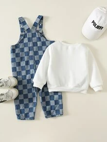 SHEIN 2pcs Baby Boy Retro Racing Autumn Sweatshirt Checkered Overalls Two Pieces Outfit, Checkered Sweatshirt Set, Infant Outfit, Racing Outfit - Multicolor - View 2