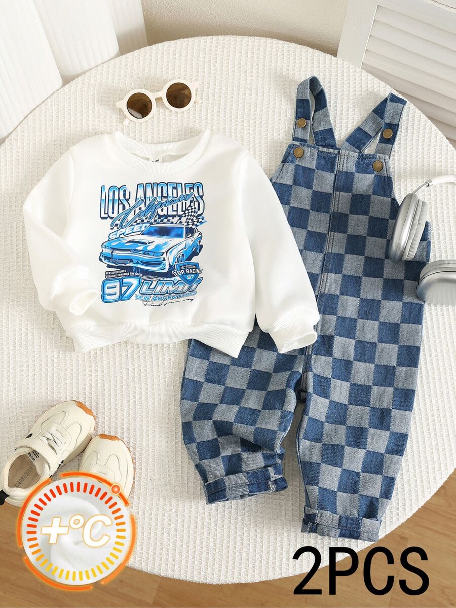 SHEIN 2pcs Baby Boy Retro Racing Autumn Sweatshirt Checkered Overalls Two Pieces Outfit, Checkered Sweatshirt Set, Infant Outfit, Racing Outfit - Multicolor - View 1