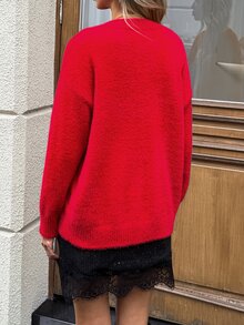 SHEIN LUNE Christmas Casual Excl 嬰兒與兒童女款純色V領落肩長袖休閒針織衫 秋冬女款毛衣 - 紅色 - 查看 4