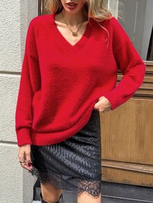 SHEIN LUNE Christmas Casual Excl 嬰兒與兒童女款純色V領落肩長袖休閒針織衫 秋冬女款毛衣 - 紅色 - 查看 6