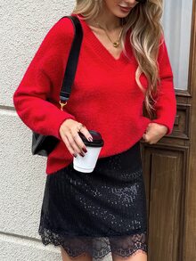 SHEIN LUNE Christmas Casual Excl 嬰兒與兒童女款純色V領落肩長袖休閒針織衫 秋冬女款毛衣 - 紅色 - 查看 7