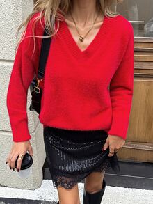 SHEIN LUNE Christmas Casual Excl 嬰兒與兒童女款純色V領落肩長袖休閒針織衫 秋冬女款毛衣 - 紅色 - 查看 8