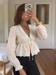 SHEIN Frenchy Women's Cream Eyelet Embroidered Blouse Deep V Neck Puff Sleeve Ruffle Trim Tie Front Peplum Hem Crop Blouse Brunch,Casual FallTea Parties, Business - Apricot - View 2