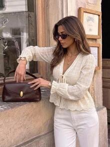 SHEIN Frenchy Women's Cream Eyelet Embroidered Blouse Deep V Neck Puff Sleeve Ruffle Trim Tie Front Peplum Hem Crop Blouse Brunch,Casual FallTea Parties, Business - Apricot - View 10