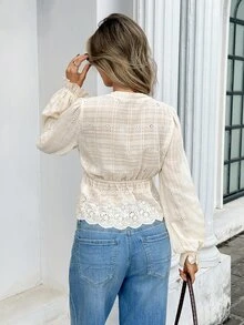 SHEIN Frenchy Women's Cream Eyelet Embroidered Blouse Deep V Neck Puff Sleeve Ruffle Trim Tie Front Peplum Hem Crop Blouse Brunch,Casual FallTea Parties, Business - Apricot - View 6