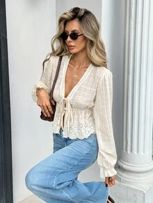 SHEIN Frenchy Women's Cream Eyelet Embroidered Blouse Deep V Neck Puff Sleeve Ruffle Trim Tie Front Peplum Hem Crop Blouse Brunch,Casual FallTea Parties, Business - Apricot - View 7