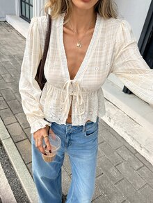 SHEIN Frenchy Women's Cream Eyelet Embroidered Blouse Deep V Neck Puff Sleeve Ruffle Trim Tie Front Peplum Hem Crop Blouse Brunch,Casual FallTea Parties, Business - Apricot - View 8