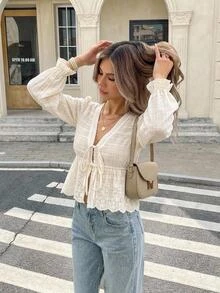 SHEIN Frenchy Women's Cream Eyelet Embroidered Blouse Deep V Neck Puff Sleeve Ruffle Trim Tie Front Peplum Hem Crop Blouse Brunch,Casual FallTea Parties, Business - Apricot - View 1