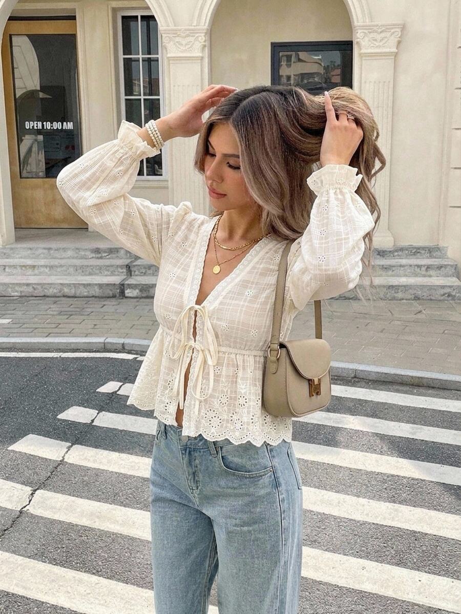 SHEIN Frenchy Women's Cream Eyelet Embroidered Blouse Deep V Neck Puff Sleeve Ruffle Trim Tie Front Peplum Hem Crop Blouse Brunch,Casual FallTea Parties, Business - Apricot - View 1