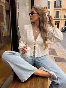 SHEIN Frenchy Women's Cream Eyelet Embroidered Blouse Deep V Neck Puff Sleeve Ruffle Trim Tie Front Peplum Hem Crop Blouse Brunch,Casual FallTea Parties, Business - Apricot - View 4