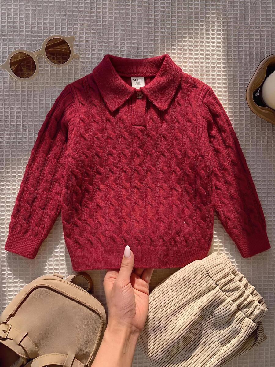 SHEIN Kids Young Boy Autumn/Winter Solid Color Knitted Soft Turn Collar Long Sleeve Pullover Sweater, Boys Sweater, Autumn/Winter Sweater - Multicolor - View 1