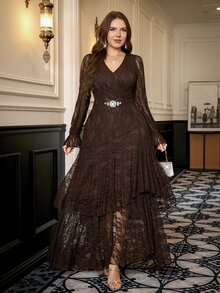 Reflora Plus Size Women's Lace Patchwork V-Neck Casual Party Dress - Black - View 6