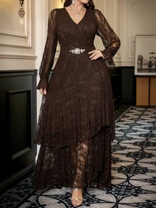 Reflora Plus Size Women's Lace Patchwork V-Neck Casual Party Dress - Black - View 5