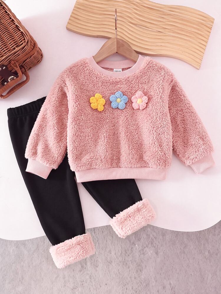 SHEIN Infant Girls Cute Fluffy Pink Floral Sweatshirt And Colorblock Elastic Waist Slim Fit Long Pants Set - Pink - View 8