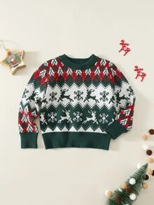 兒童小男孩小女孩秋冬休閒聖誕鹿圖案聖誕樹圖案圓領長袖套頭針織衫綠色針織衫聖誕針織衫男孩針織衫格紋針織衫新年針織衫 - 彩色 - 查看 7
