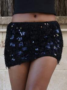 Yess Loren Women's Fashionable Sexy Sequin Mini Skirt,Black Skirt - Black - View 5