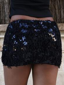 Yess Loren Women's Fashionable Sexy Sequin Mini Skirt,Black Skirt - Black - View 2