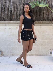 Yess Loren Women's Fashionable Sexy Sequin Mini Skirt,Black Skirt - Black - View 3