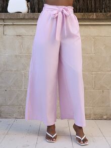 Yess Loren Women Contrast Color Vertical Striped Paper Bag Waist Wide Leg Casual Pants Fall Cloth For Women - Red and White - View 6