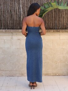 Yess Loren Women's Casual Denim Bodycon Tube Dress With High Slit, Stretch Knit Denim, Blue Winter Spring - Blue - View 3