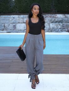 Yess Loren 女款時尚灰色冬季辦公休閒商務抽繩腳踝長褲，慢跑褲，哈倫褲，通勤戶外長款工作服，辦公穿搭 - 灰色 - 查看 1