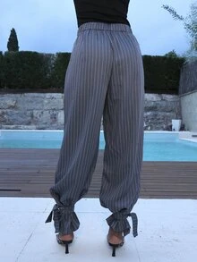 Yess Loren 女款時尚灰色冬季辦公休閒商務抽繩腳踝長褲，慢跑褲，哈倫褲，通勤戶外長款工作服，辦公穿搭 - 灰色 - 查看 2