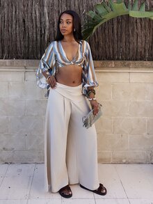 Yess Loren 女士优雅沙滩度假浪漫约会纹理阔腿裤，高腰不对称褶皱设计长裤，夏季度假、沙滩、邮轮、都市休闲 - 卡其色 - 查看 3