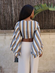 Yess Loren Casual Sexy Tropical Vacation Open Front Tie-Up Bell Sleeve Ruffle Cuff Leopard Print Blouse Vacation Beach Blue Striped Autumn - Multicolor - View 2