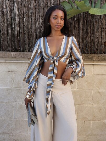 Yess Loren Casual Sexy Tropical Vacation Open Front Tie-Up Bell Sleeve Ruffle Cuff Leopard Print Blouse Vacation Beach Blue Striped Autumn