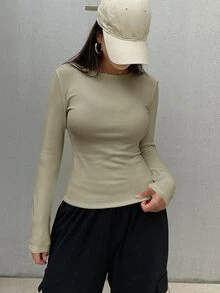 DAZY Women's Casual Solid Color Thermal Lined Base Layer T-Shirt, Autumn/Winter Everyday Home Khaki Long Sleeve Tops - Grey - View 6