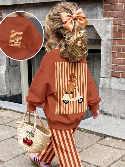 THE HAPPY LOOK Young Girl Casual Retro Brown Dachshund Print, Simple Thick Soft Comfortable Crew Neck Pullover Sweatshirt Suitable For Autumn/Winter, Street Retro Style, Relaxed And Comfortable, Children's Autumn Layering, Y2K, Sportswear, Outings, Street Style, Campus, Chill Chill Fleece Lined