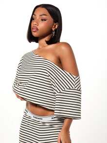 SUMWON WOMEN One Shoulder Crop Top Ribbed Striped Loungewear Summer Vacation - White - View 6