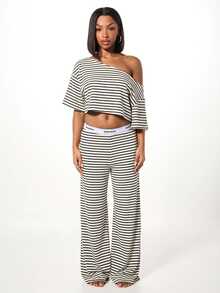 SUMWON WOMEN One Shoulder Crop Top Ribbed Striped Loungewear Summer Vacation - White - View 3