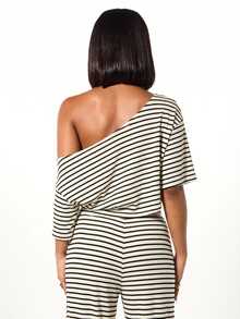 SUMWON WOMEN One Shoulder Crop Top Ribbed Striped Loungewear Summer Vacation - White - View 2
