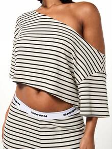 SUMWON WOMEN One Shoulder Crop Top Ribbed Striped Loungewear Summer Vacation - White - View 1